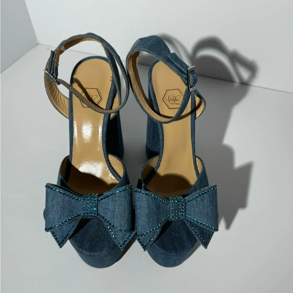 Nalebe by Amina Means Upendi denim crystal bow Platform sandals 39.5=9.5